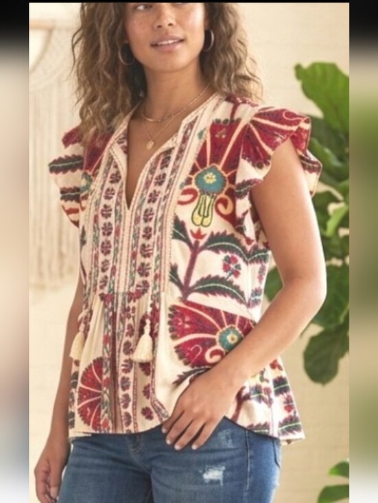 Haute Hippie Tops - Haute Hippie Boho Embroidered Tassel Peasant Top - Cream & Red Floral